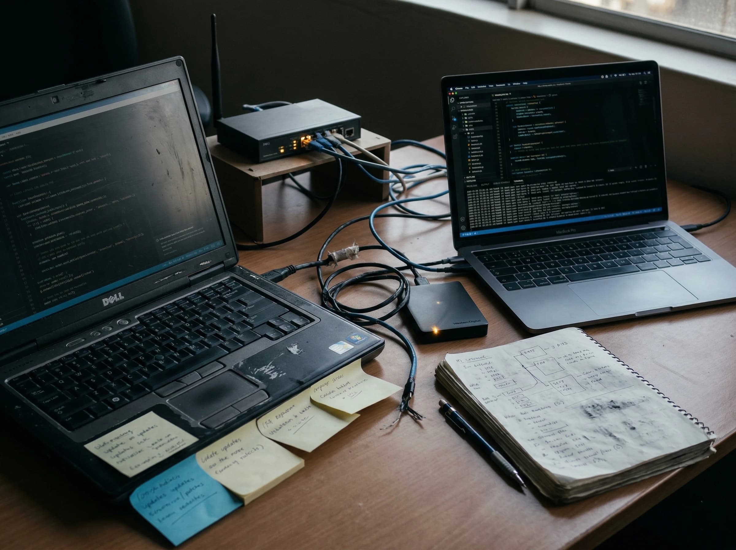 Technical workspace with ageing equipment, maintenance notes, and a newer device beside it.