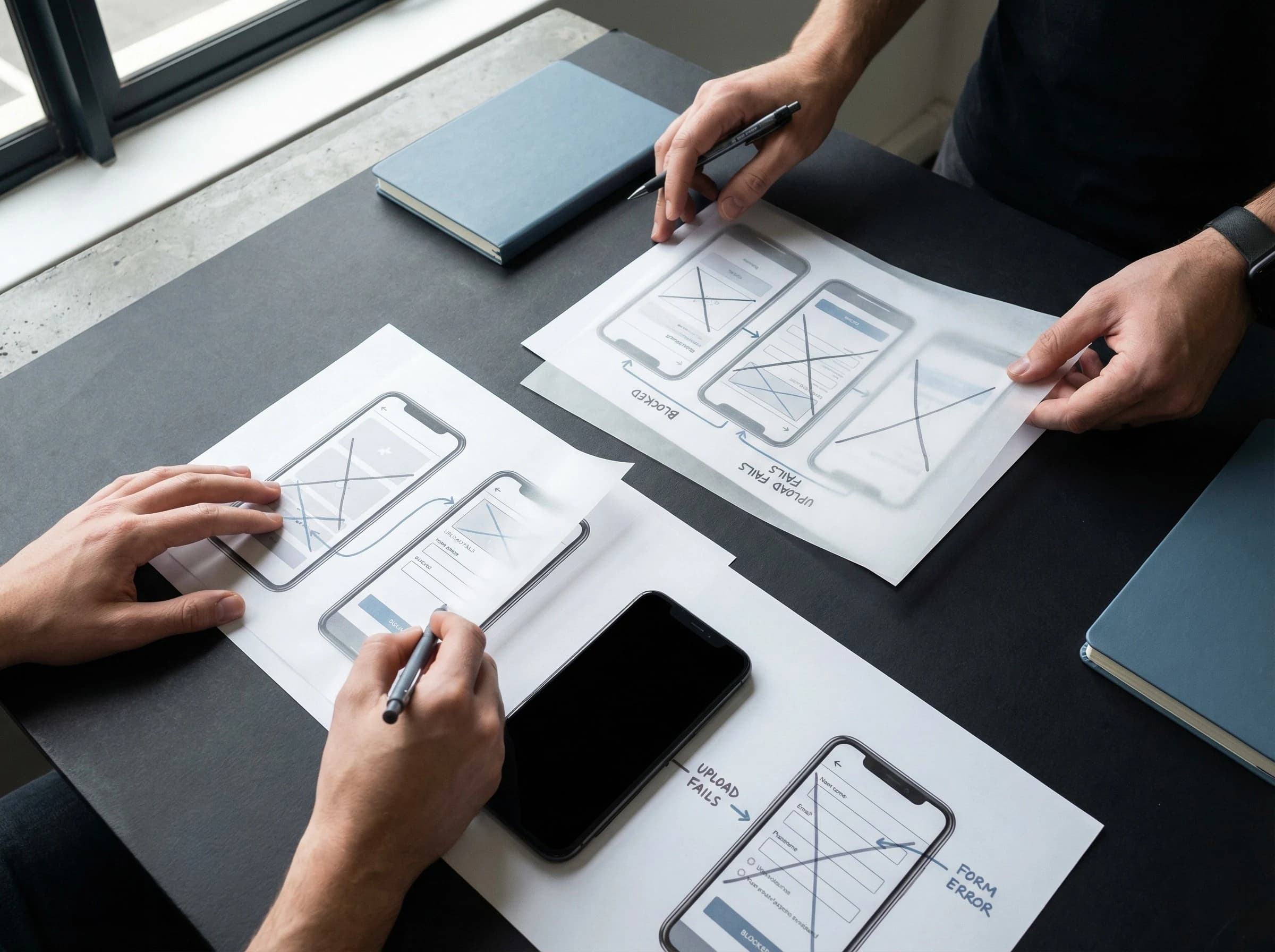 Product design workspace mapping multiple user paths, recovery states, and edge-case reviews.