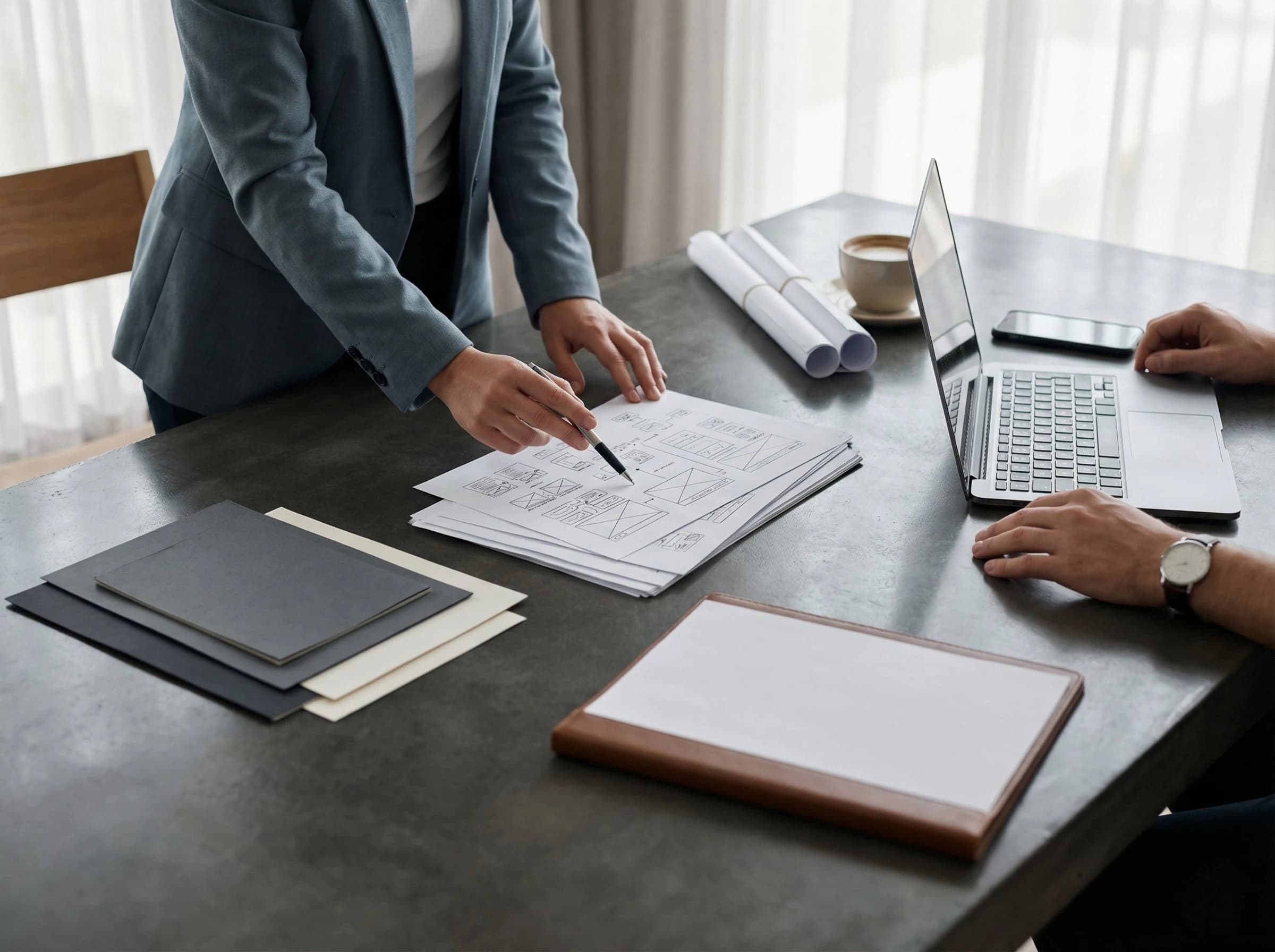 Founder and studio reviewing scope documents for a website build on a studio table.