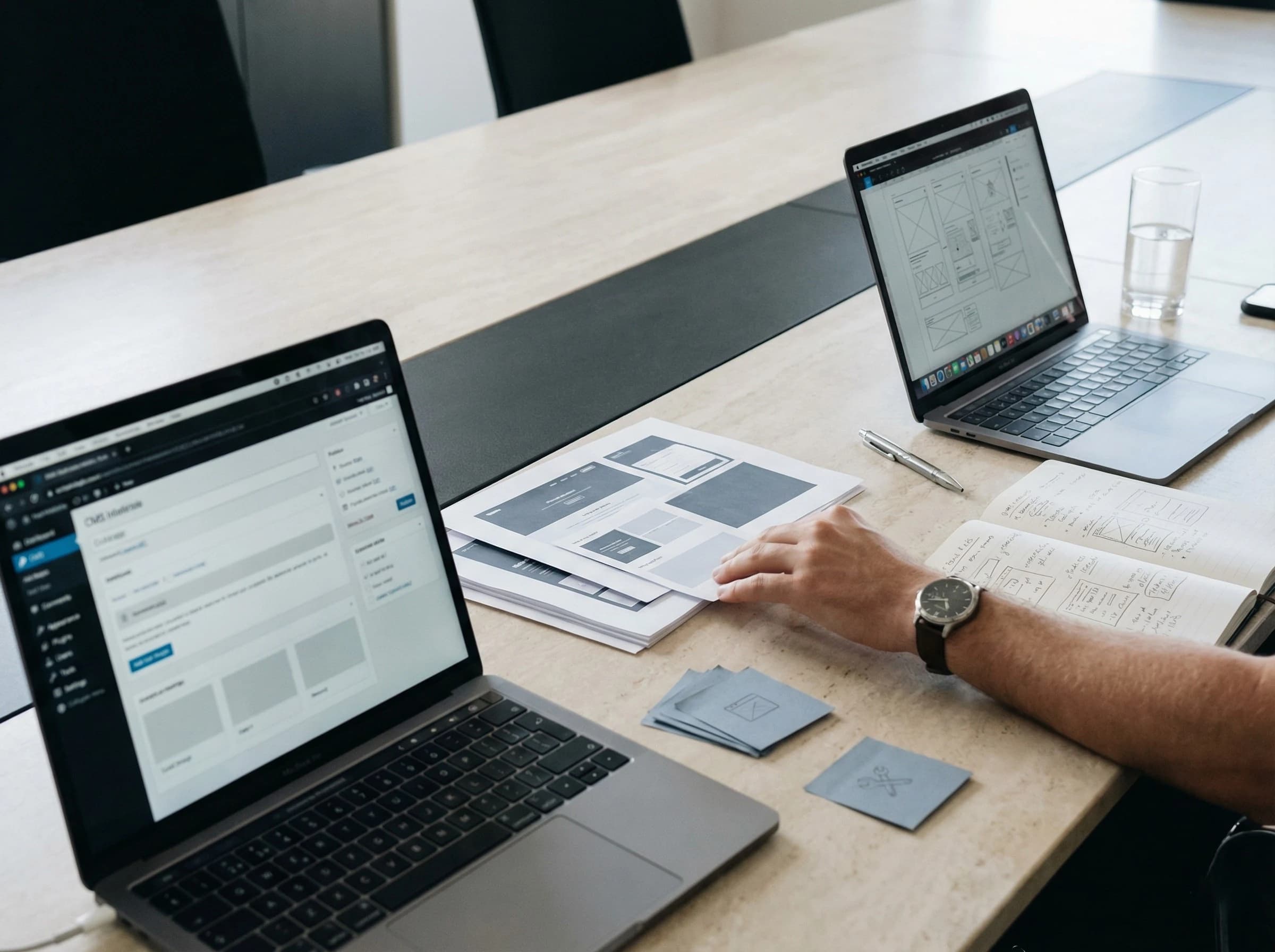Platform review session comparing a CMS-led setup with custom system planning materials.