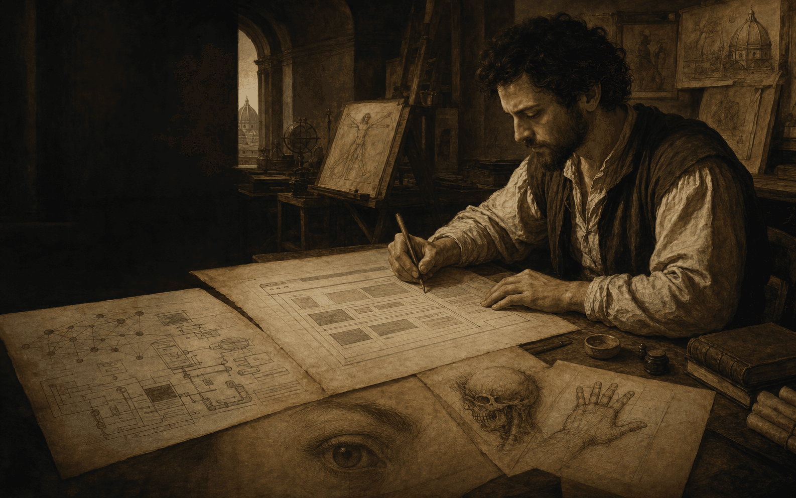 Renaissance-style digital architect drafting a web interface and AI system on parchment.