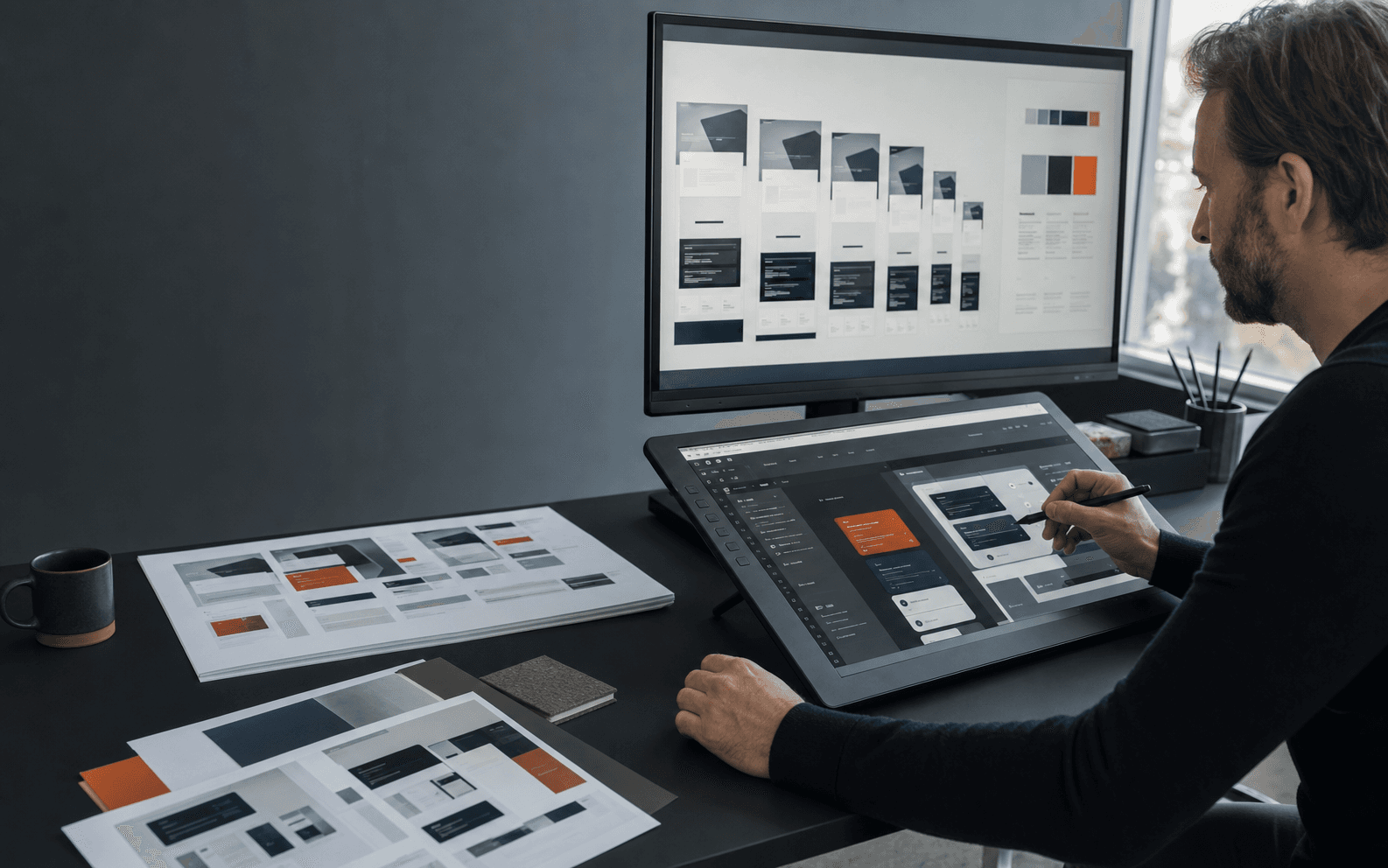 Designer refining a responsive interface system on a pen display