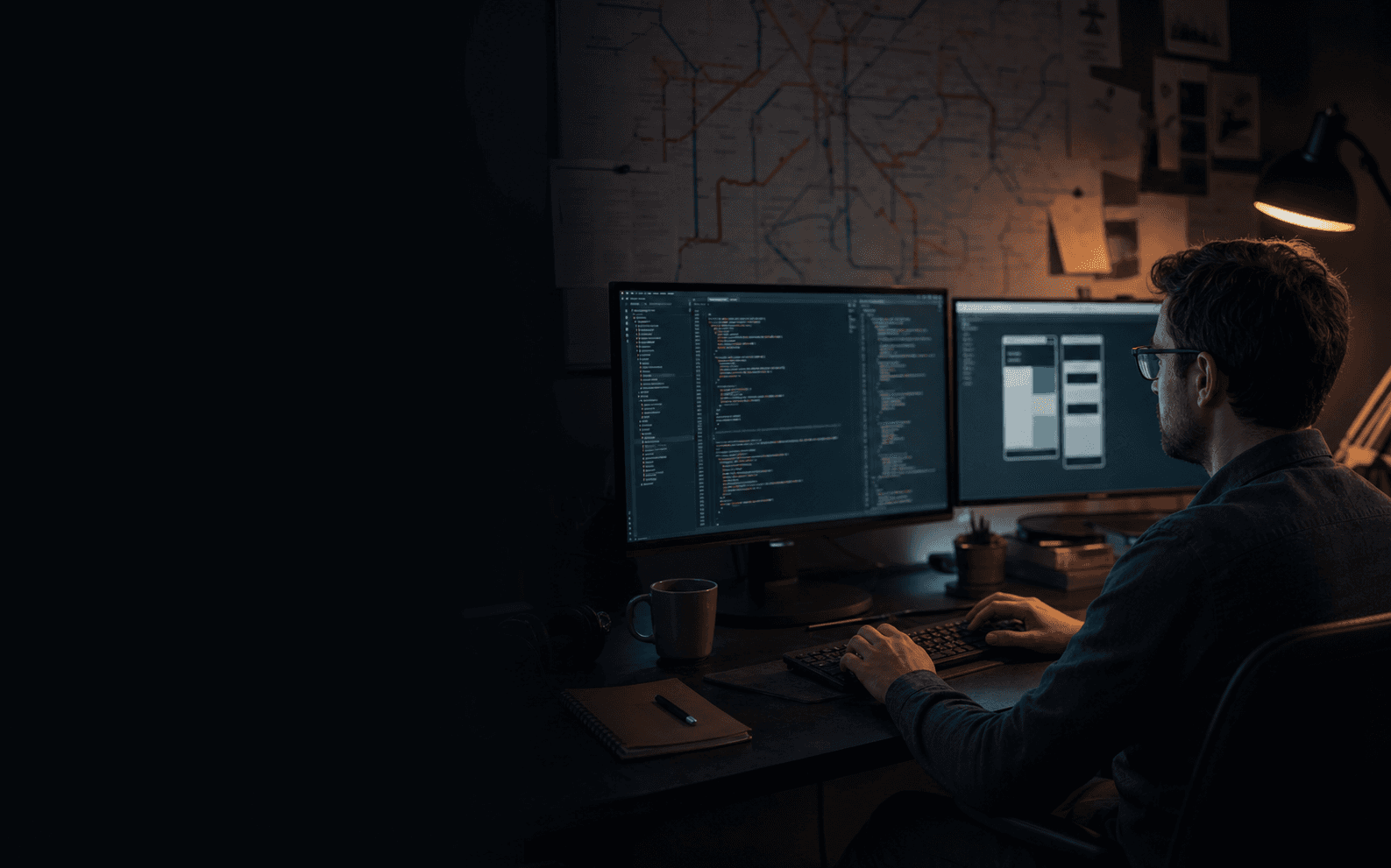 Engineer working between a structured codebase and its interface preview