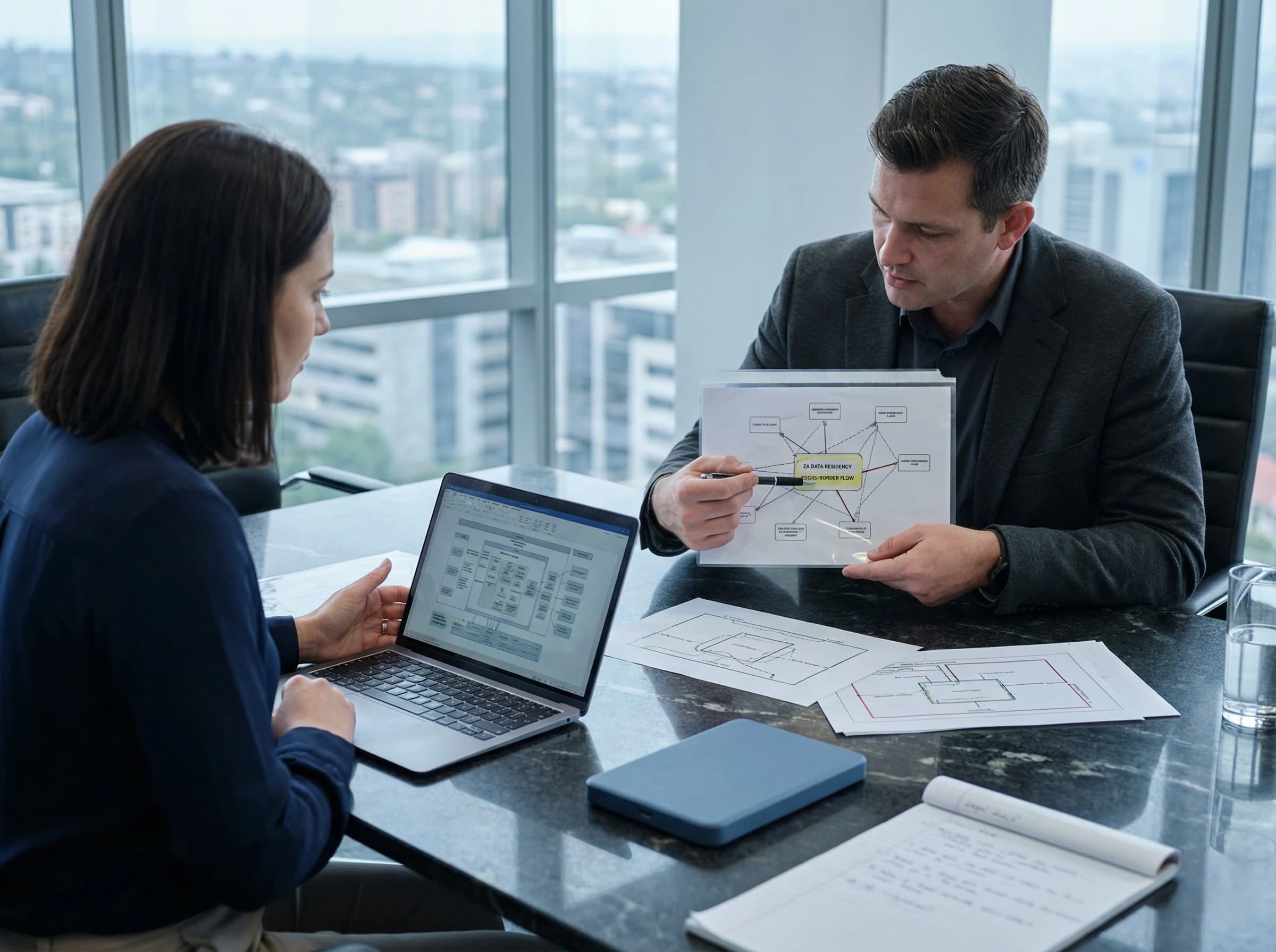 Compliance and architecture review with data flow documents laid out on a boardroom table.