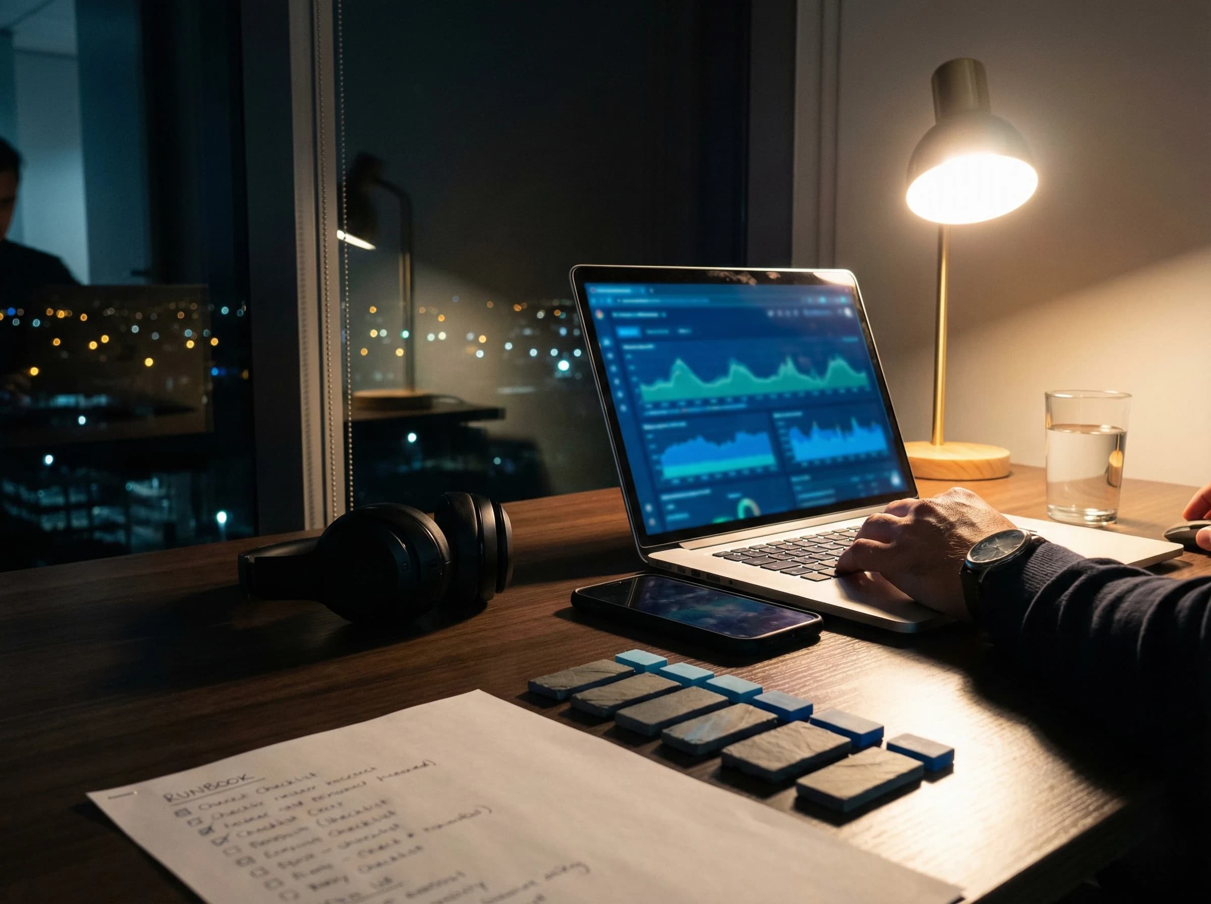 Launch-readiness workspace with a laptop, checklist, and markers for rising demand before a critical campaign.
